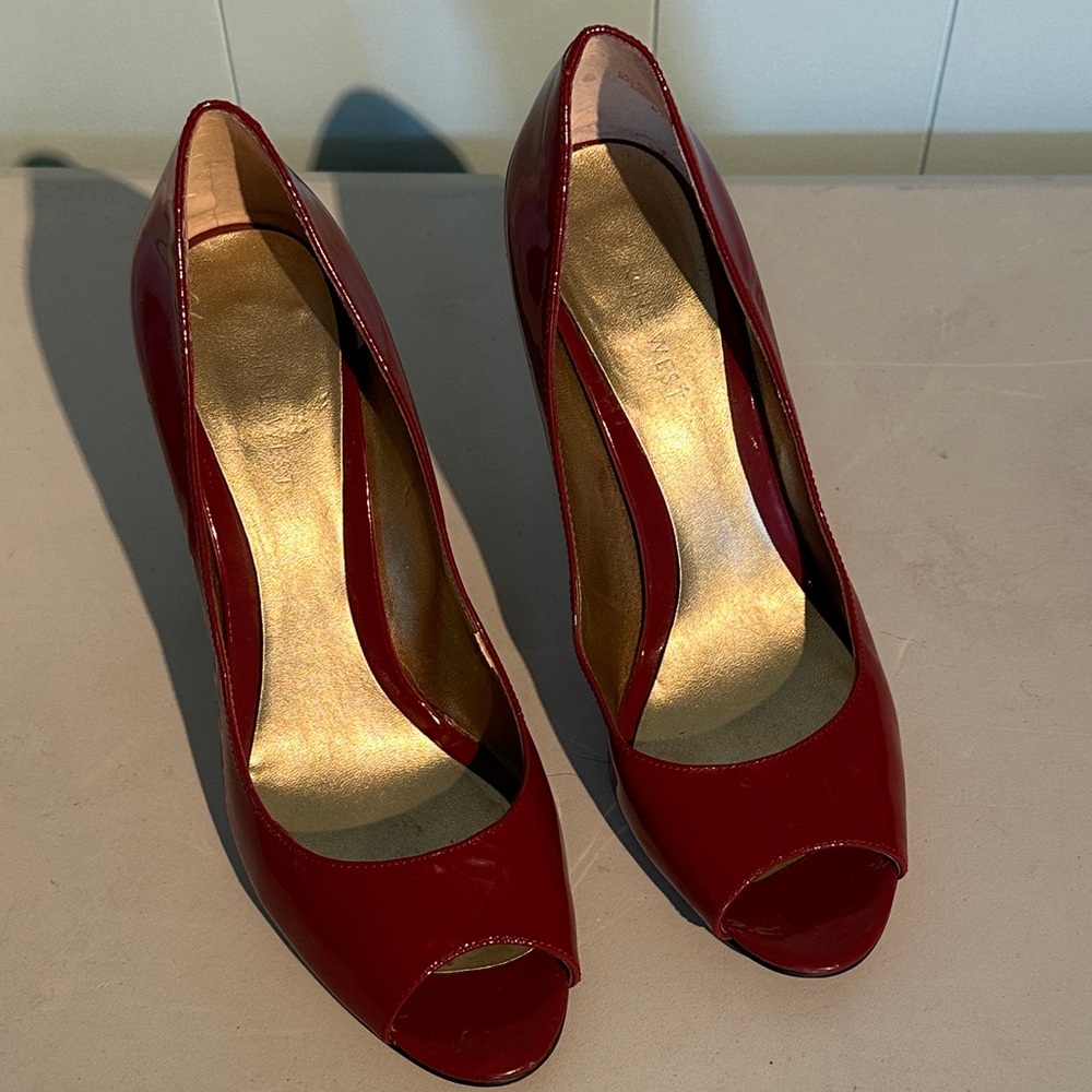 Nine West Shiny Red Peep-Toe Heels